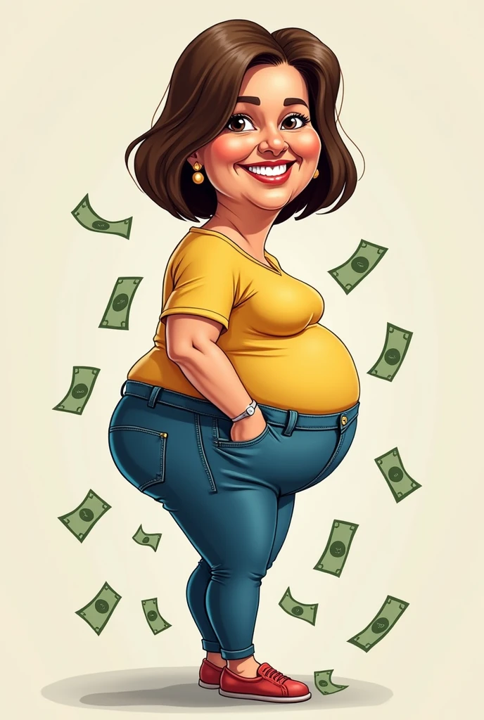 caricature of a beautiful 60 year old Brazilian woman, brunette smiling, with straight, short hair down to the shoulders, with his huge ass turned to the side and his pants pockets full of money, bouncing money out and more money around you