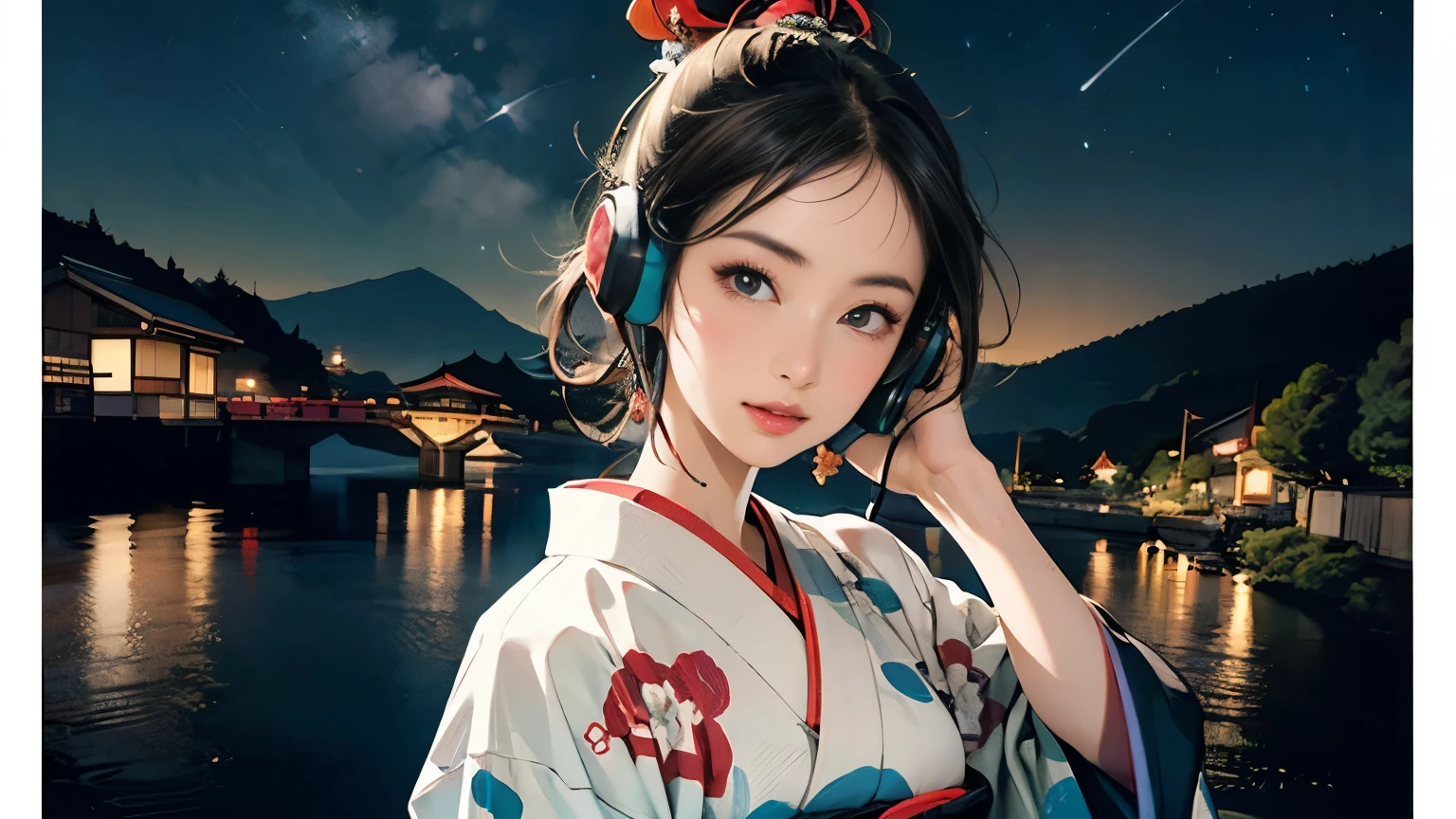 (Highest quality, 8k, masterpiece, High resolution), (whole body), Vibrant colors, Brown-black bob, Traditional topknot, Ample breasts, (Detailed face, Beautiful Face, Beautiful Eyes, Beautiful nose, Pretty lips), Official artwork, Ukiyo-e style, (Beautiful woman in kimono), (Vivid floral patterned kimono), background, river, bridge, Mountain, ((night, Starry Sky)), plum, ((headphones, wearing headphones)),