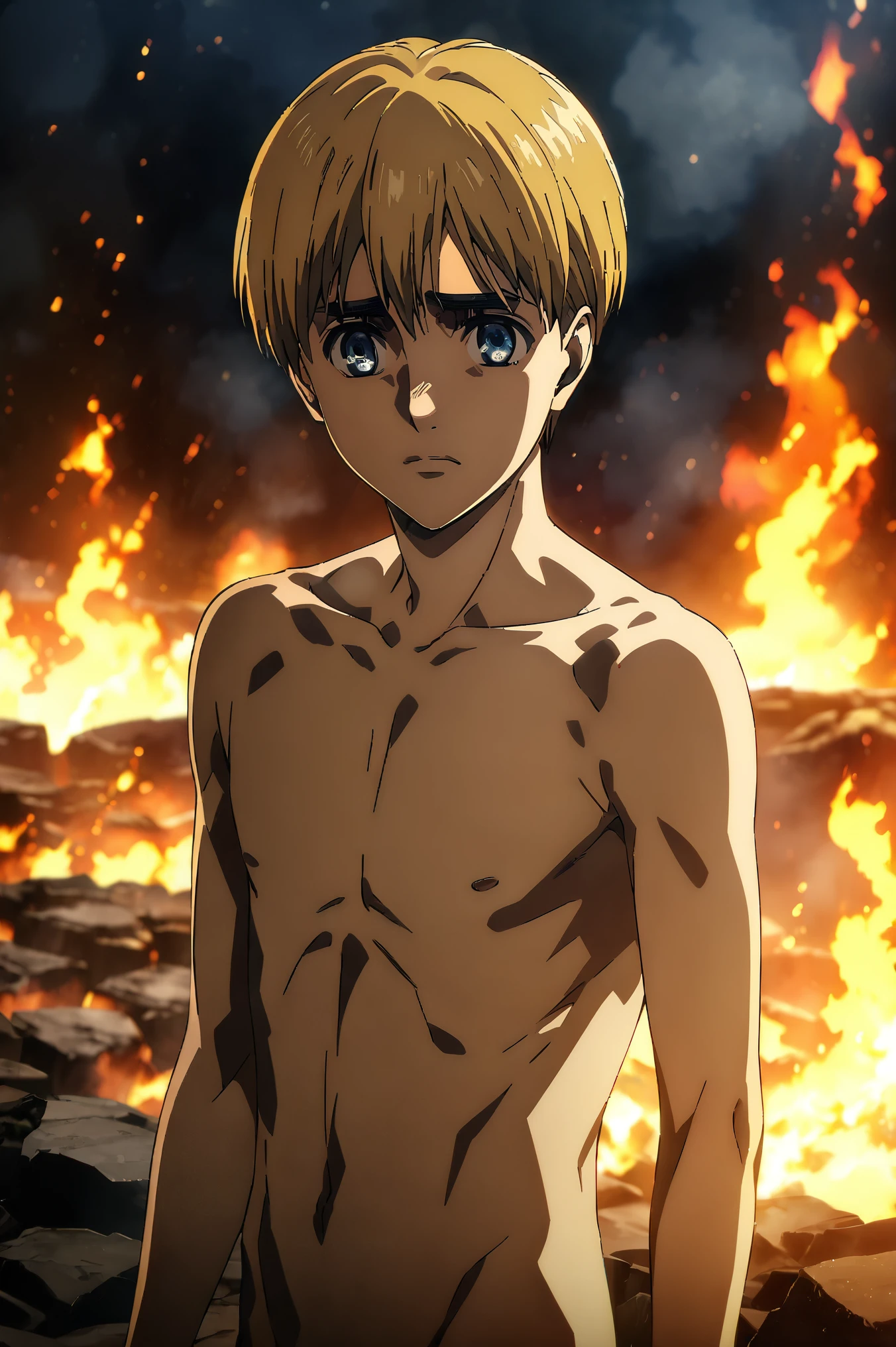 armin_arlert, blonde hair, blue eyes, very short hair, masterpiece, best quality, high quality, 1male, solo, male_focus, feeling sad, fully naked, frontal, hot ashes, magma background, steam everwhere, burning environment, night, full body, male genitals, small-size soft penis, handsome, detailed face, eyes and hands without errors, anime style, best quality, high detail, unity 8k wallpaper, high resolution, vivid colors, detailed high quality background, pene pequeño, detalle nítido, extremadamente detallado, Intrincado, Alta resolución, desnudo, noche, teenager, skinny fit