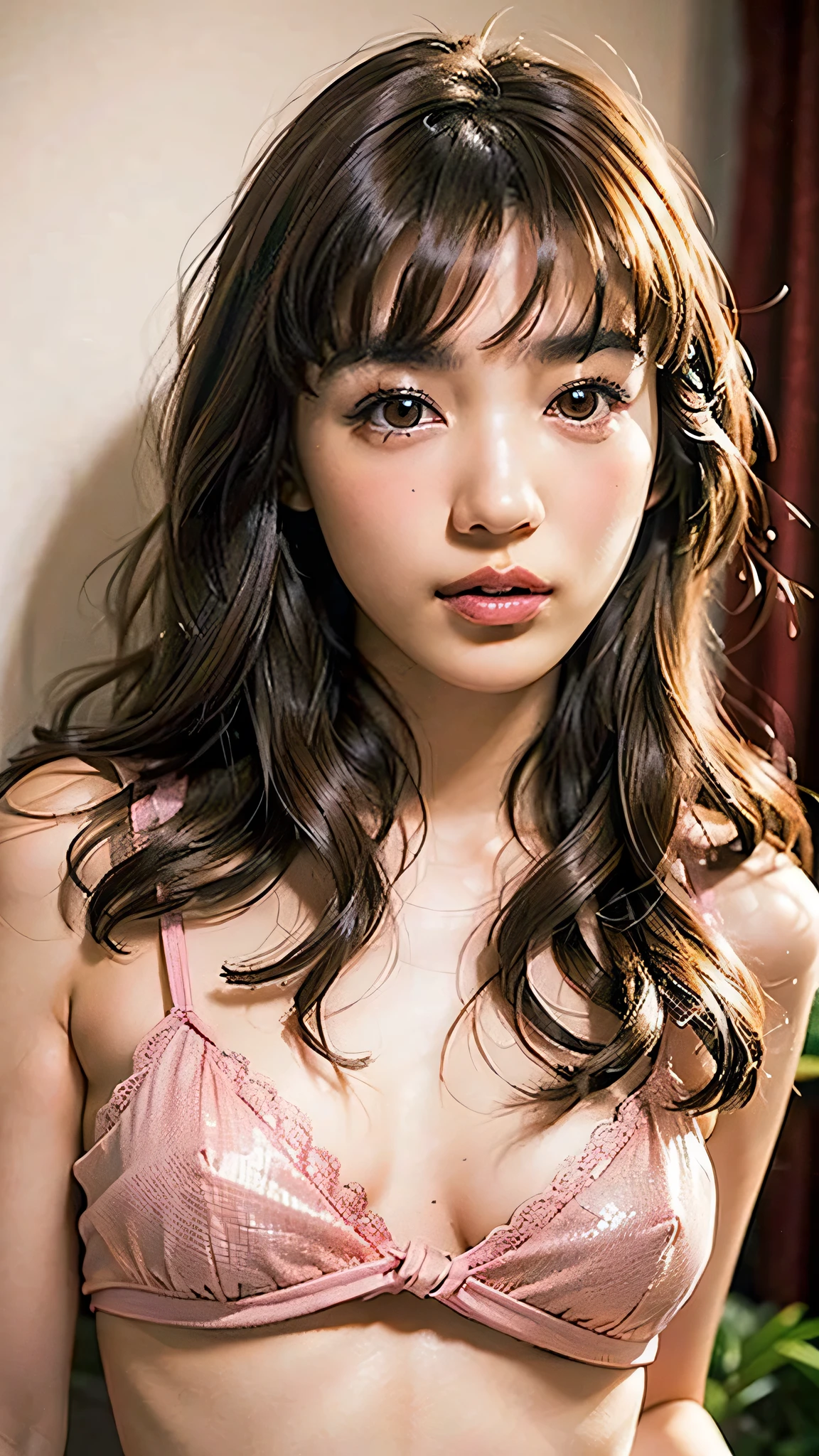 ((NSFW)), full body, beautiful girl, ((brown eyes)), (18 year old age girl), light brown hair color, ((big tits)), complete closed mouth), lips, realistic, (slim face), ((skinny)), charming, pink lipstick, colorful makeup, long eyelashes, wearing eyeliner, fair skin, (cute), (detailed face), detailed eyes, detailed iris, complete naked,