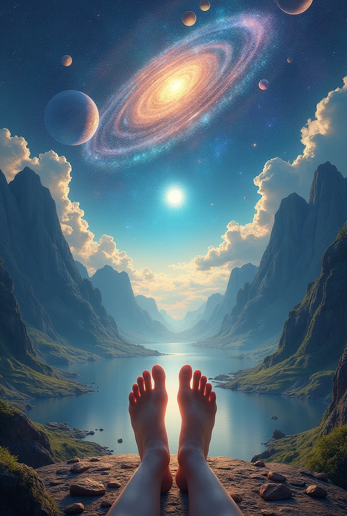 A place with oval shaped chakra in the feet side with mountains in behind and planets all over with galaxies and cosmic dust
Make the picture's aspect ratio 16:9