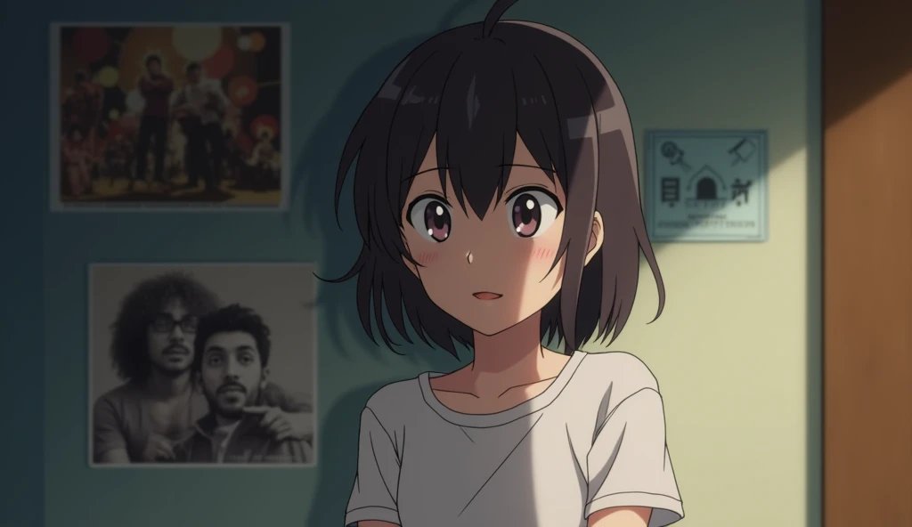 Inside the room,Heavy Bob,One person, ,Band Posters,Lost in Thought,solo, White T-shirt smiling, Off-screen, Anime Style,