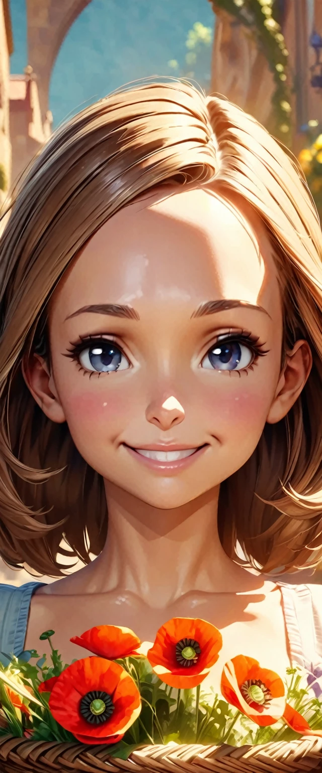 (nsfw), Big Breasts, (Pixar Style: 1.25) Portrait of a Girl, Natalie Portman, smile, At waist length、Poppy flowers in a flower basket, Natural skin texture, 4K Textures, High resolution, Complex, Very detailed, Sharp focus, Cinematic look, Ultra-detailed