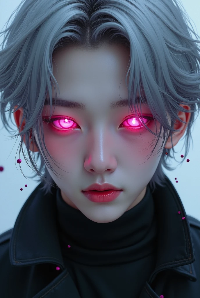 Hyunjin ( Stray Kids) (foto realist),( demon seeds) ,(grey hair) (pink eyes),(tender), (realist)