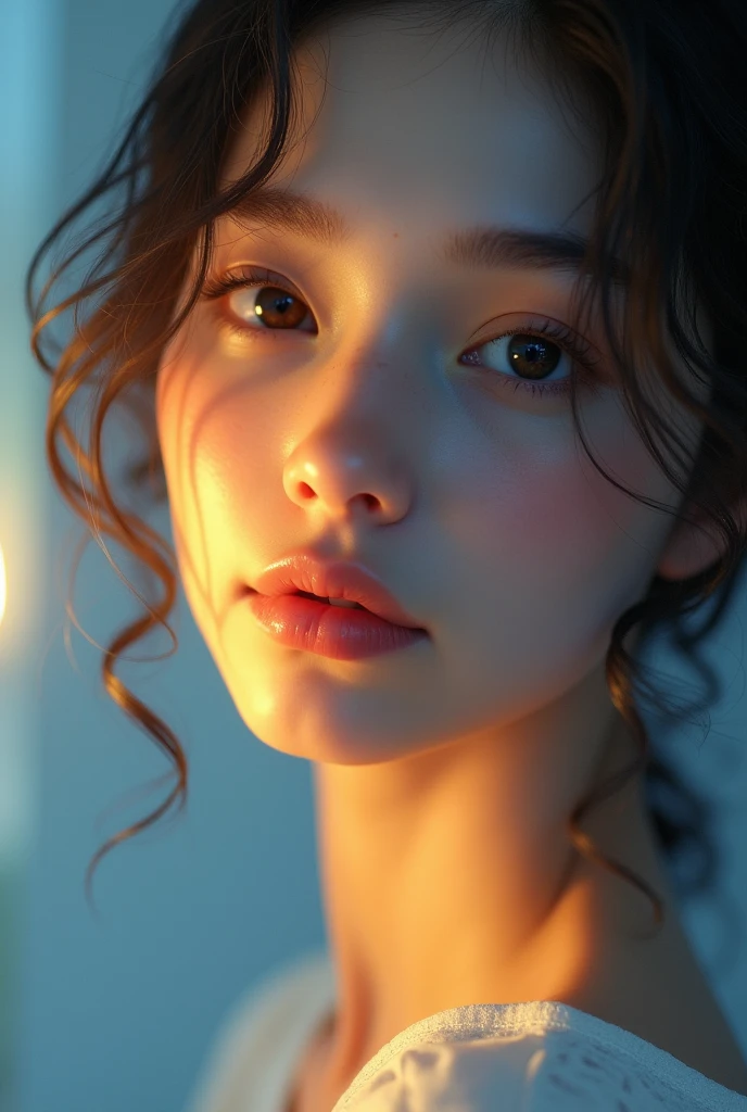 Without changing position or perspective, in the same position the face becomes more angelic, tender, innocent, feminine, beautiful and delicate, yellow lighting, blue shadows, lighting comes from the left, very saturated colors