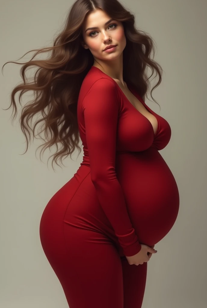 young girl, very tight red dress, Long brown hair, big belly, very big belly 