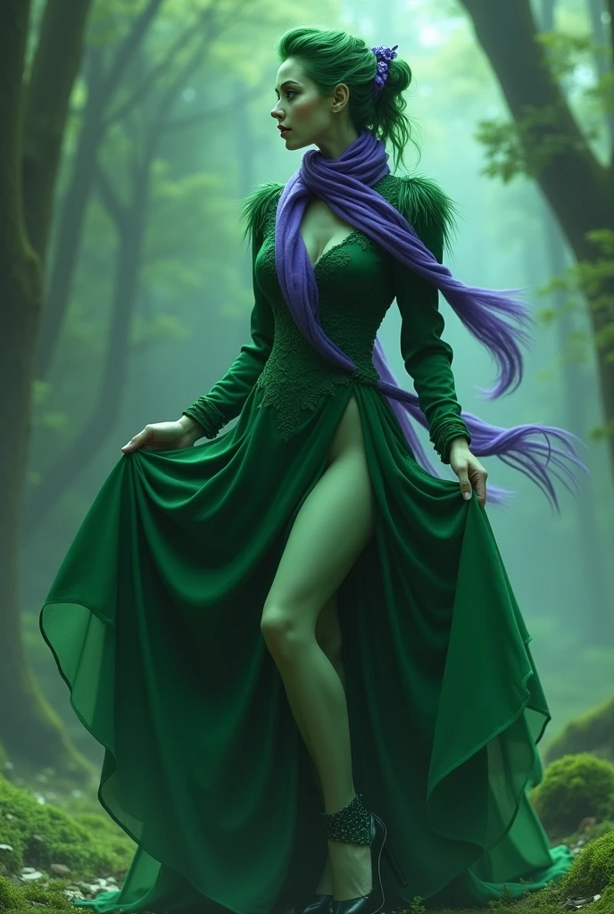 Generates an image of a Green girl, with long eyelashes, a purple scarf around the neck, green fur, green dress and green shoes slim curvy lifting the skirt of her dress showing her butt