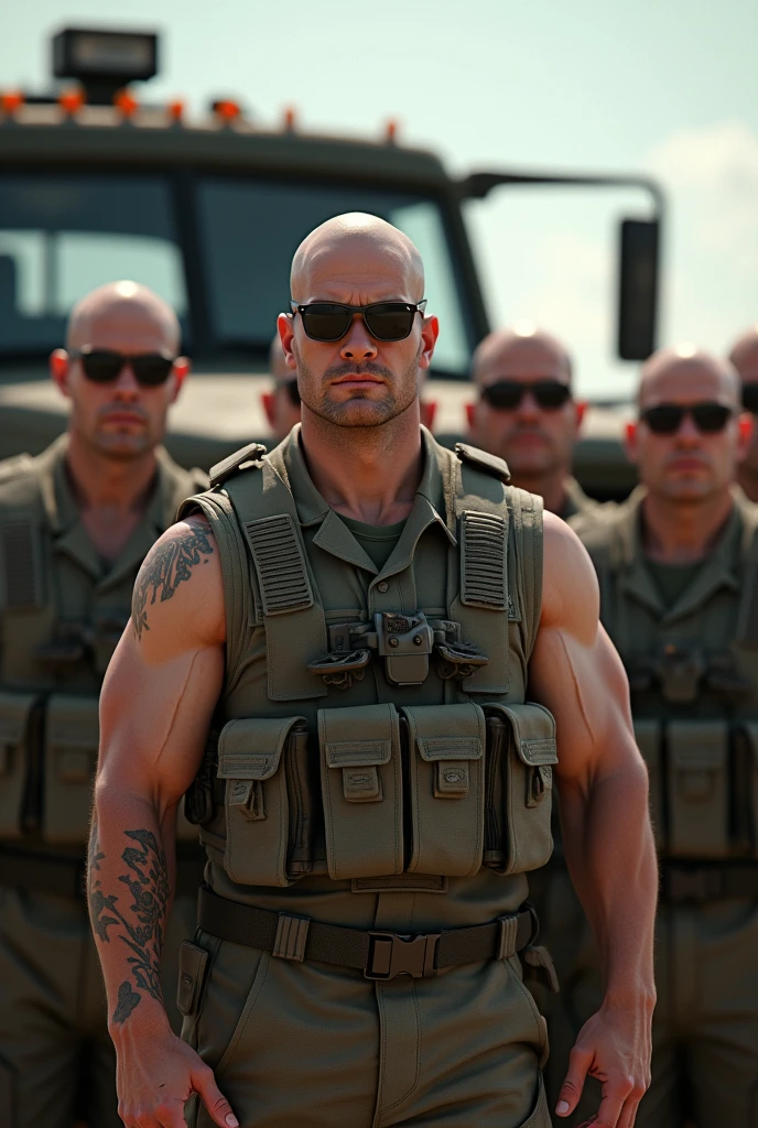 4k ((best quality)), ((masterpiece)), (detailed), hd, realistic face very muscular bald male soldiers full body stand by military truck sunglass,