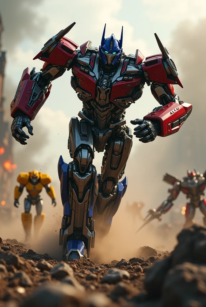 a highly detailed and realistic Optimus Prime robot, extremely dynamic and energetic pose, running and jumping through a war-torn battlefield, firing a bazooka, Bumblebee on his back engaged in an intense battle with Megatron, cinematic tilt-shift photography effect, hyper-detailed, 8k, photorealistic, dramatic lighting, vivid colors, industrial sci-fi, best quality. Very epic. Ashes everywhere. Ember .