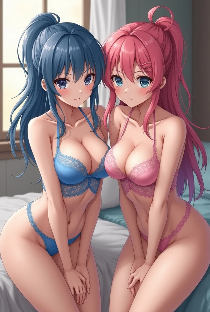 two japanese girls , one is blue hair another is pink hair, ((they cloth wearing Halter neck lace teddy with peek-a-boo cups one is blue base another is pink base:1.5)),18 years old , cute face ,cleavage between breasts,large breasts,cute face, ponytail ,wave hair,darkcyan eyes,room,masterpiece, extremely fine and beautiful,gravure,wet body,wet hair,embarrassed,upturned eyes,nsfw,Hourglass figure,(leaning forward:1.3), (hands on knees:1.3),((realistic:1.7))