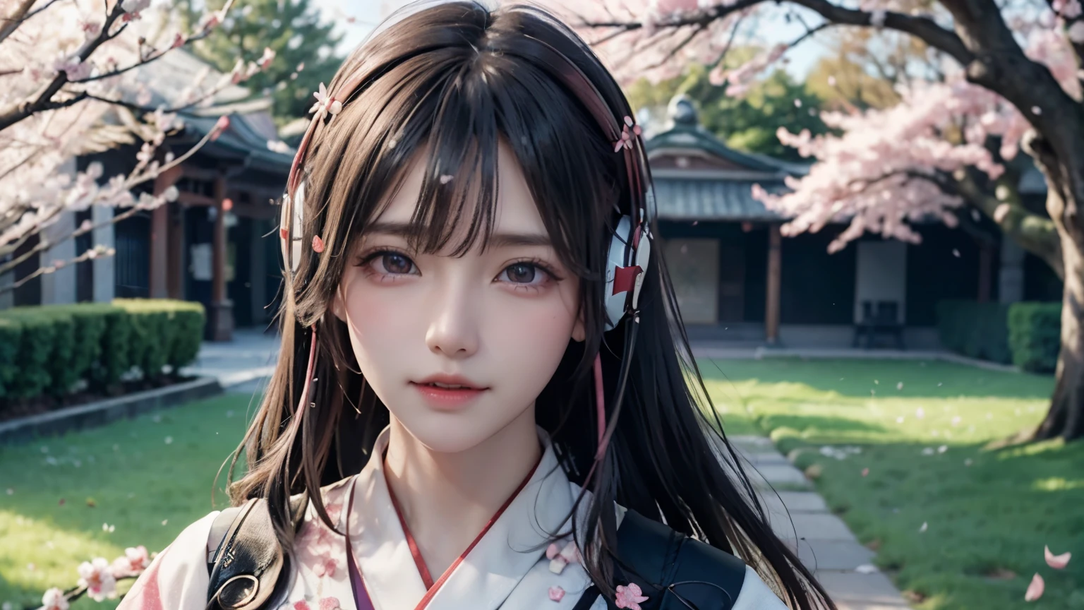 (Logo, Masterpiece, 8k, Tabletop, RAW Photo, Amazing, Top Quality, Photorealistic and Highly Detailed CG Integrated 8k Wallpaper, High Quality, Highly Detailed, Narrative Poetry, Particle Effects, Dynamic Effects, Character Boundary Depth, Cinematic lights, lens flares, ray tracing), fantasy, (single beautiful woman, white kimono, Japanese clothing, white cherry blossom pattern, white cherry blossom embroidery pattern, black hair, beautiful face, real face, beautiful eyes in detail, beautiful skin, long hair) Hair fluttering in the wind, long hair bouncing, long hair dancing in the wind), (cherry blossoms, cherry tree, cherry blossom petals dancing, cherry blossom blizzard, falling petals), hair fluttering in the wind, hair bouncing, pink cherry blossoms, Dancing petals, cherry blossom snowstorm, wonderful scenery, sunrise, background ((night, Starry Sky)), ((headphones, wearing headphones)), wind, gods, teeth, stories of gods, vast land