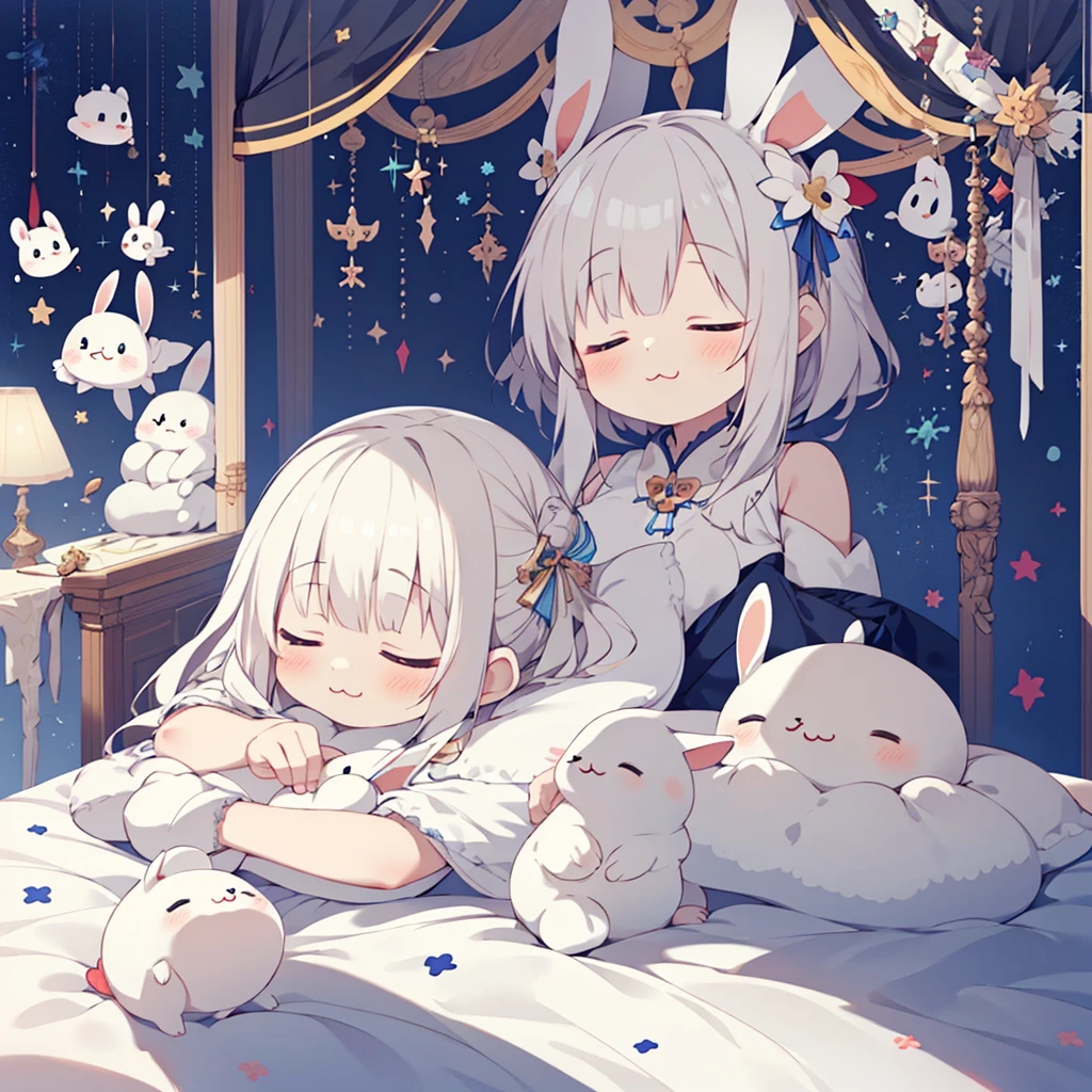 One girl,  stuffed rabbit, costume, albino, close your eyes, :3, Sleeping Peace, Marshmallow bed、Heartwarming、yurukawa、gentle、fluffy、