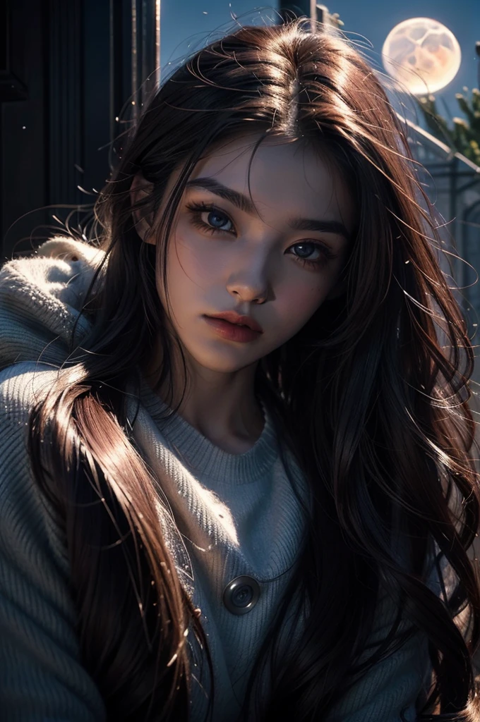 Teen Wolf, Male werewolf embracing a beautiful girl under the exquisite look of a moonlit night. His chiseled jawline and piercing eyes were illuminated by the soft light of the moon., The perfectly sculpted face casts interesting light and dark shadows.. With wise eyes, Werewolf in anime style, The surreal beauty of the girl's features. They were standing in the middle of a very romantic background、Romance was radiating。. Every detail of their bodies and surroundings is meticulously depicted., Show high detail and sharp focus. (Photorealistic: 1.2), (very