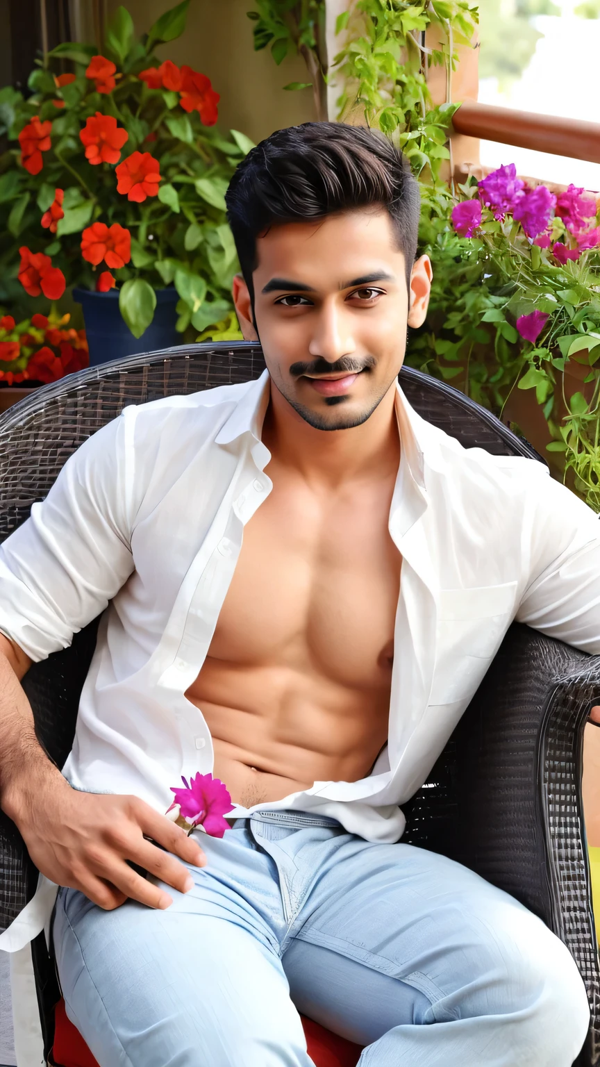 A sexy and handsome indian man, sitting on a chair in a beautiful balcony,  flower pots, seductive expression , casual unbuttoned shirt, tits, handsome face , cleavage , nipples , homoerotic 