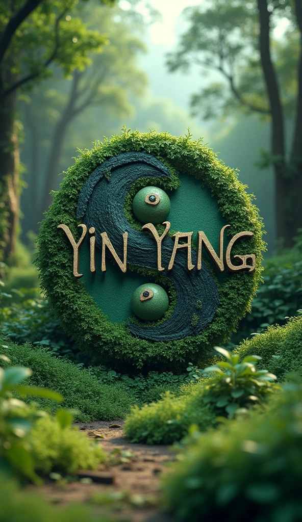 There is a fantasy title "Yin Yang" written in the mythological symbol yin yang. There is a green jungle behind the title, a grassy forest. Wild and rustic background, font of the title is fantasy, beast. A 3D, fantasy, realistic, aesthetic poster.