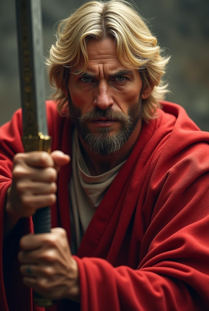 Lord Jesus Christ, blond hair, hairstyle with a middle parting, mushroom cut, short hair, dressed in red with a sharp sword in his hand, looking like a warrior, anger on his face