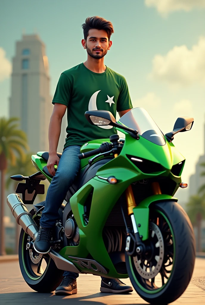 A 18 year old boy standing with a green and white super bike and wearing a Pakistani flag shirt on the shirt name is hassaan