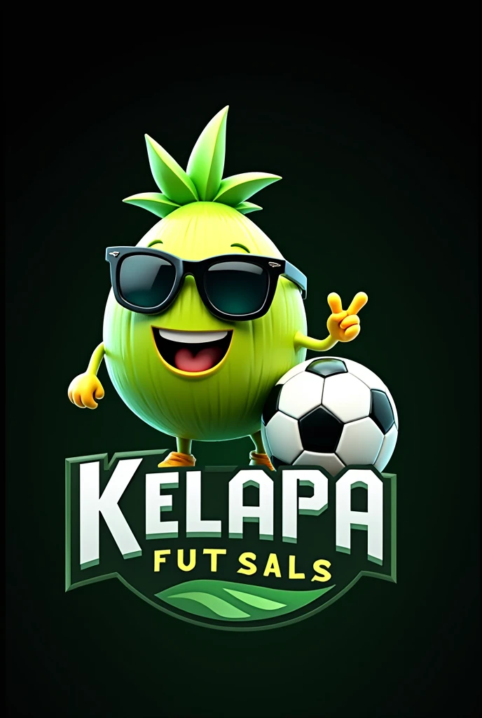 3d futsal logo text "kelapa futsal team" young coconut fruit and futsal fruit green and white design wearing cool glasses very beautiful and attractive, black background