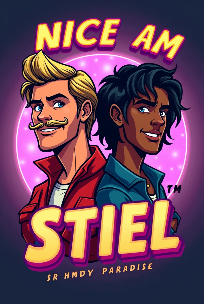 I need  a significant logo for a YouTube channel which contains topics like movies, action figures, cosplays, video games and pop culture. the name of channel is NICE AM STIEL which is a german pun for a popsicle which means EIS AM STIEL in german. please visualize a proper logo with the likeness of a popsicle and everything I mentioned in the description. Be sure that the logo looks like two 80's characters like the main protagonists from MIAMI VICE - made them out of popsicle, one Male has a mustache, a Mullet and a light skin tone and the other Male has slightly longer black hair and a brown skin tone but most importantly the Logo as to feature the name NICE AM STIEL put the Names  "Randy Paradise & Corey Walkman" above that characters be sure that the characters ar two males and DO NOT miss out the popsicle theme