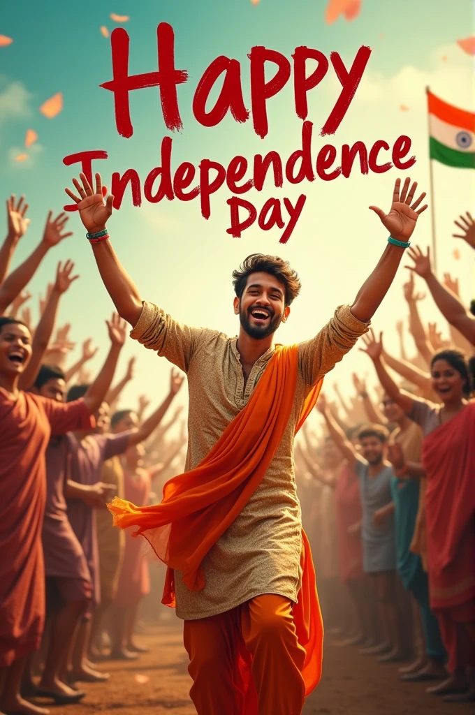 "Generate a real-life image of a 21-year-old (boy) joyfully celebrating Indian independence 33
30
Day. The individual is dressed in traditional Indian attire with the name' ABHISHEK prominently displayed on their clothing. The sky above them features the words 'Happy independence Day' in a blood font. The background is alive with a crowd of people celebrating. creating a vibrant and patriotic atmosphere