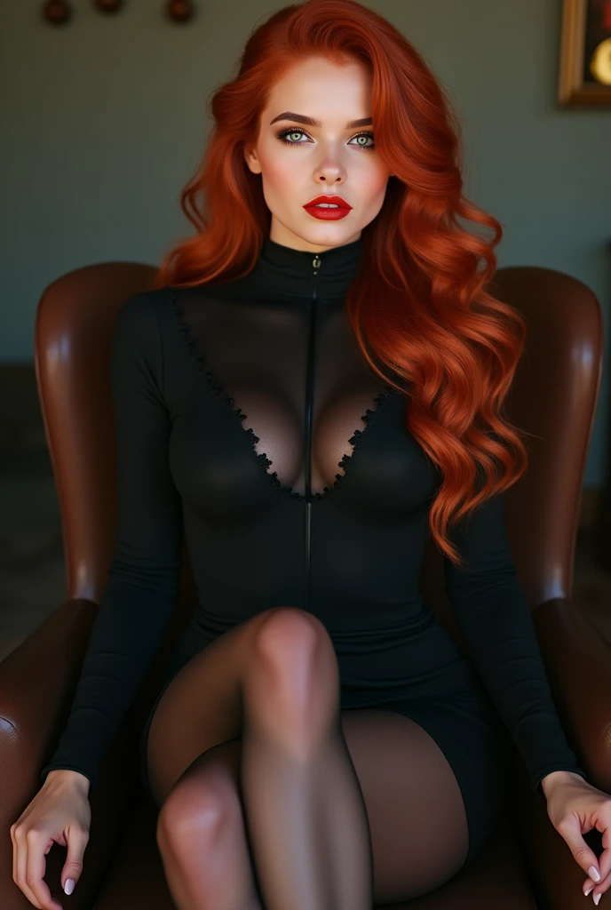 ultra realistic, photography, long red hair, girl, 24 years old, hourglass figure, perfect body, natural medium breasts, Flirty look, extremely detailed artgerm, in the style artgerm, facing the camera, lens 35 mm, blur background, masterpiece, super detailed, detailed face, beautiful eyes, detailed eyeshadow, lip details, red lipstick, full body, wavy hair, Wearing a black sheath dress, turtleneck, revealing legs, sexy legs, Wearing ultra-realistic pantyhose, great cleavage, sitting on a chair with her legs crossed, full body shot, zoomed out