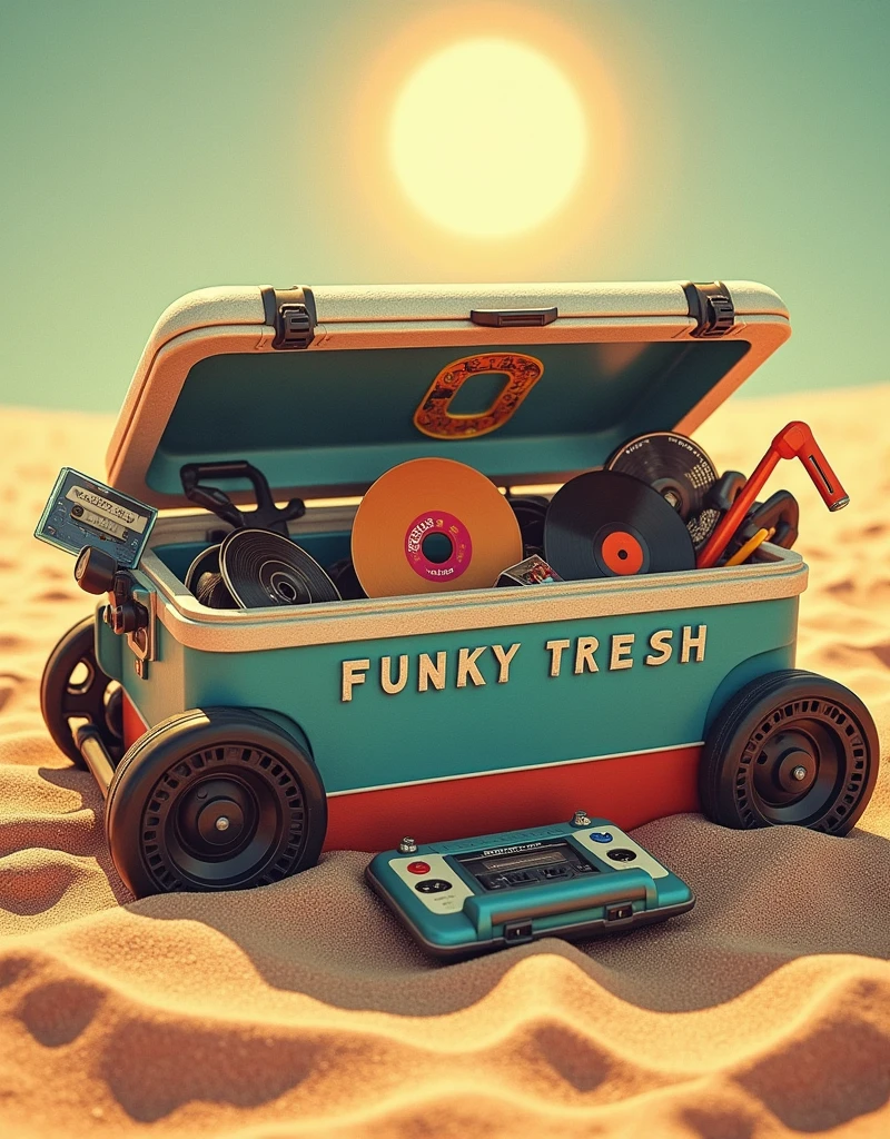 Une glacière de camping style 80's remplit de disques,de k7 et de Cd's et glaçons.Au milieu du sable et soleil . Écrire FUNKY FRESH sur la glacière