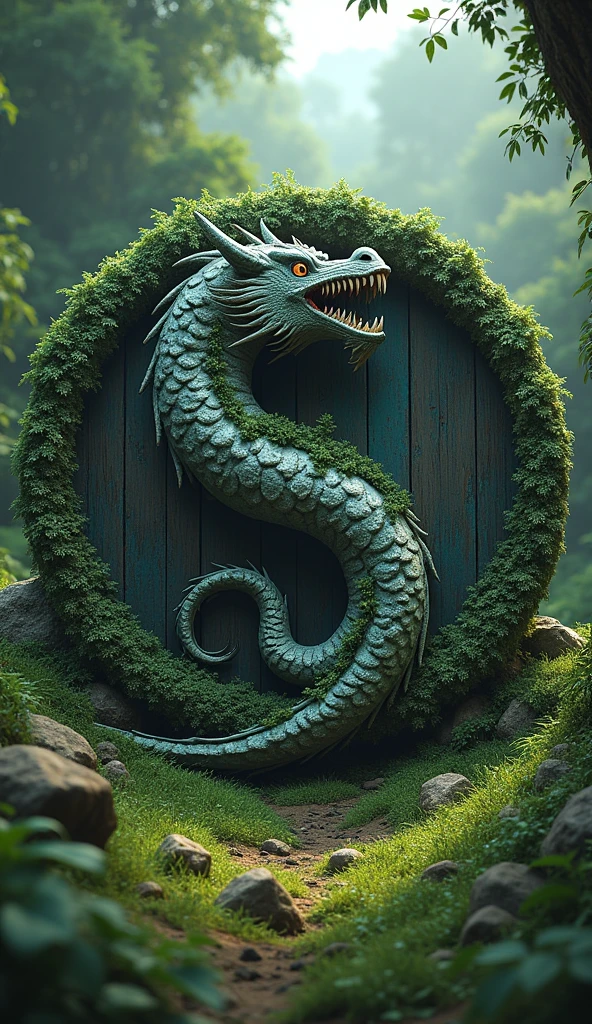 There is a fantasy title "Yin Yang" written in the mythological symbol yin yang. There is a green jungle behind the title, a grassy forest. Wild and rustic background, font of the title is fantasy, beast. A 3D, fantasy, realistic, aesthetic poster.