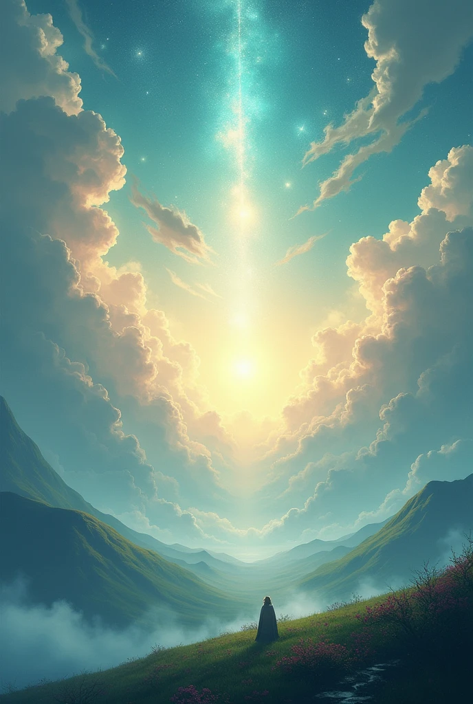 The Appearance of Takamagahara After Heaven and Earth Are Completely Separated、Takamagahara appears。
Beautiful natural scenery、Mysterious light and clouds floating。
A wide-angle shot to emphasize the grandeur and sacredness of Takamagahara。