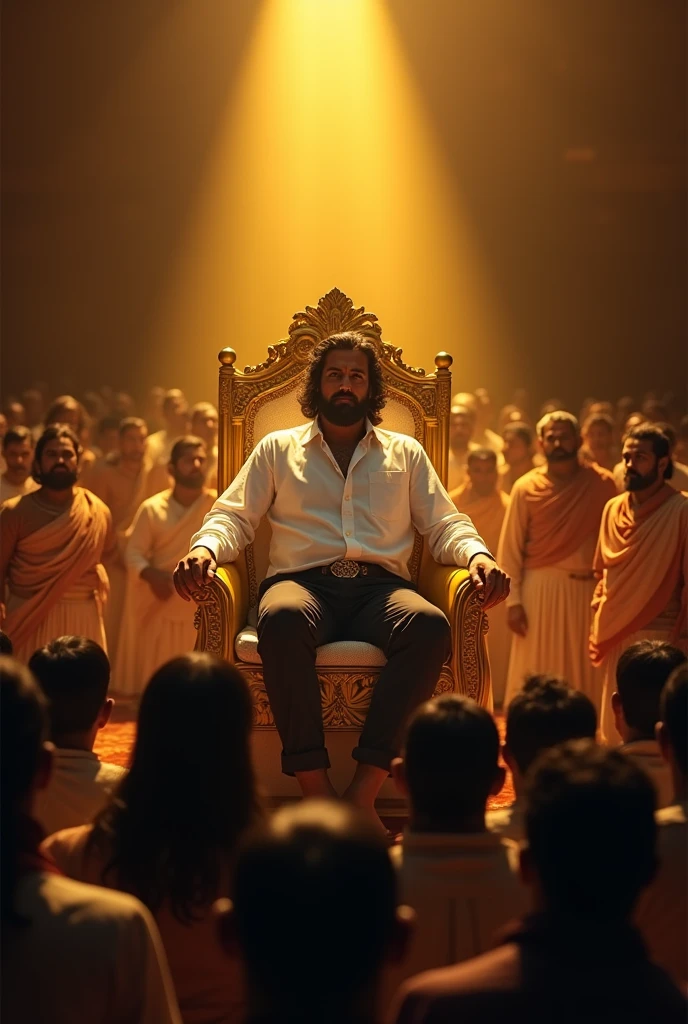 A man with dark hair and beard sitting In golden king chair in centre of people of indian men the man wearing white shirt and black pant in night time yellow light performing in stage