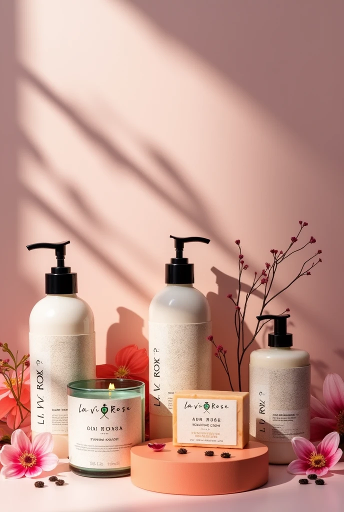 Body beauty product image, with organic ingredients, such as bar and liquid soaps, lotions, body candles, with the La Vie Rose brand with different packaging.