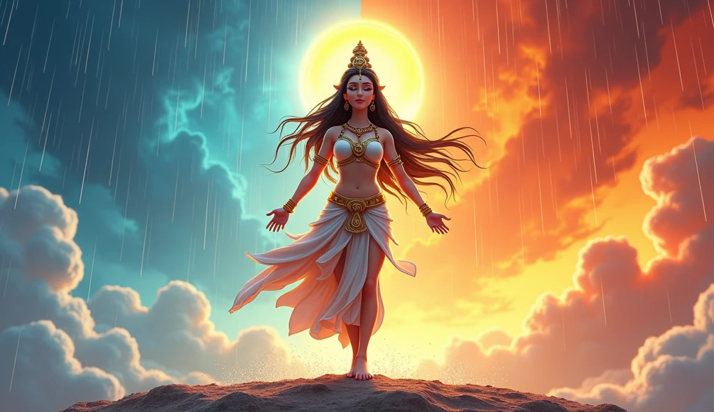 In cinematic 3D cartoon style. Parvati’s Harsh Tapasya: Capture Parvati in her extreme penance, standing on one foot, meditating in harsh weather conditions—snow, rain, and scorching sun—unfazed by the elements, her focus solely on Lord Shiva