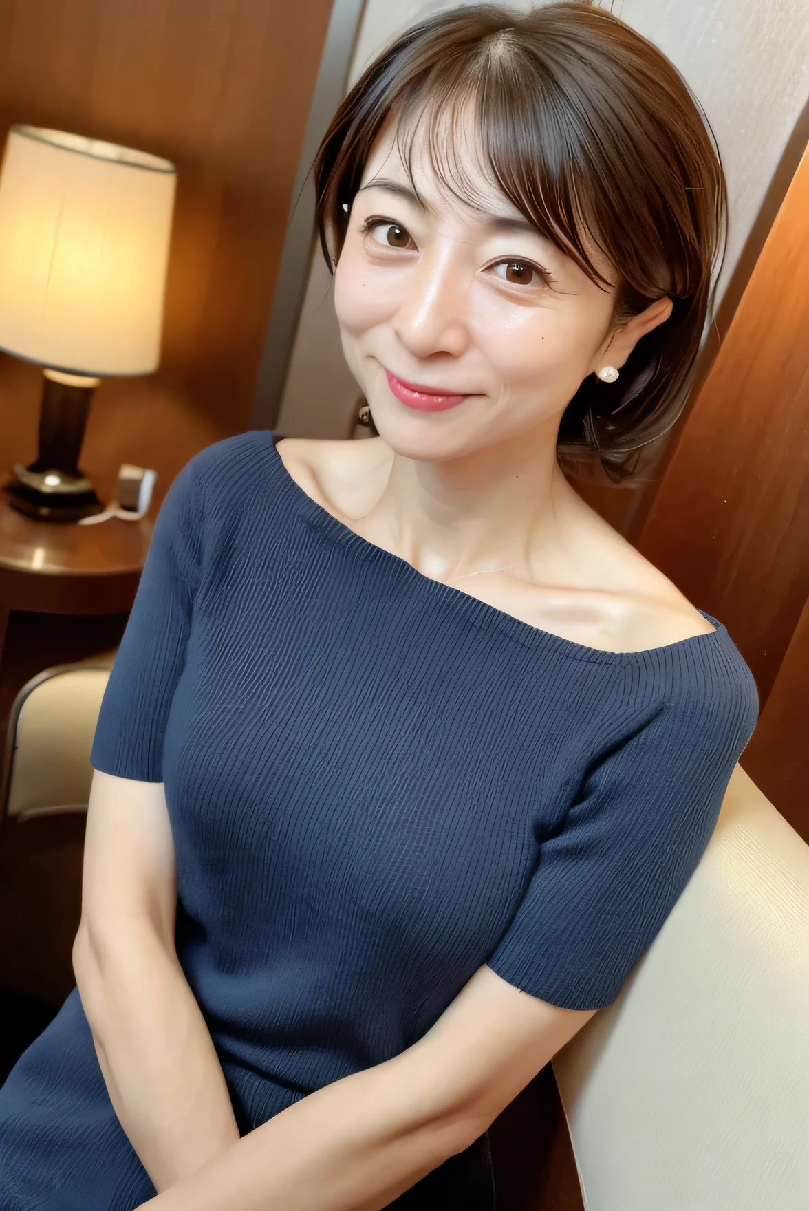 (Highly realistic photos, High resolution, Detailed face, Beautiful Eyes) Skinny Japanese woman, 40 years old, Cute Face, A variety of expressions, Various Hair Styles, Slim figure, Very small breasts, Very small waist, In the hotel lobby, Tight knit dress