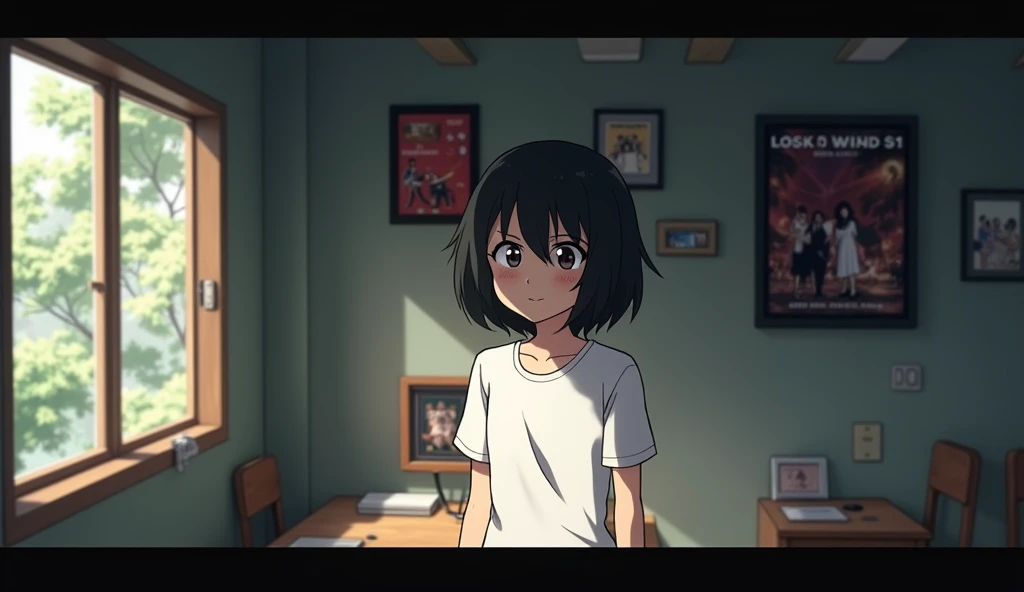 Inside the room,Round and heavy bob,One person, ,Band Posters,Lost in Thought,solo, White T-shirt smiling, Off-screen, Anime Style,