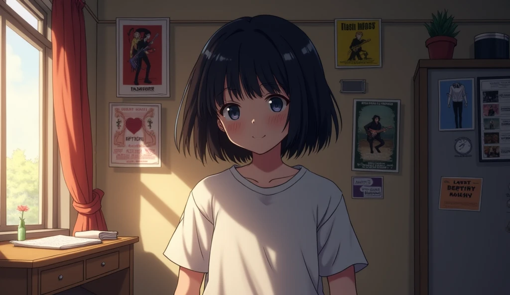 Inside the room,Bob,One person, ,Band Posters,Lost in Thought,solo, White T-shirt smiling, Off-screen, Anime Style, 