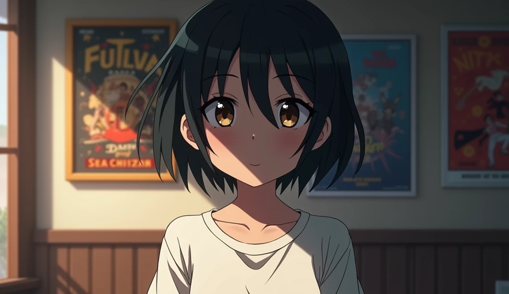 Inside the room,Round and heavy bob,One person, ,Band Posters,Lost in Thought,solo, White T-shirt smiling, Off-screen, Anime Style,