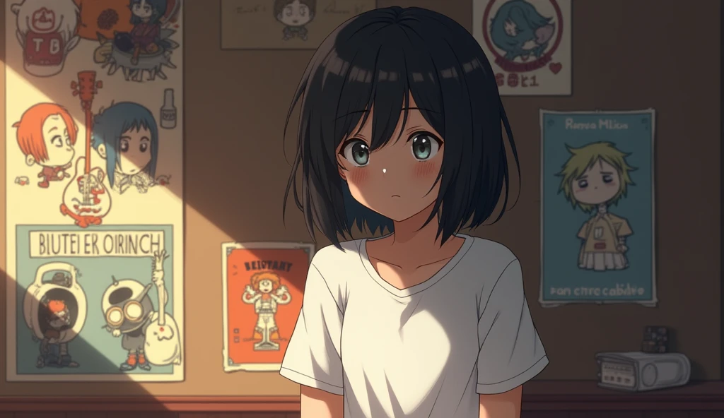 Inside the room,Round and heavy bob,One person, ,Band Posters,Lost in Thought,solo, White T-shirt smiling, Off-screen, Anime Style,