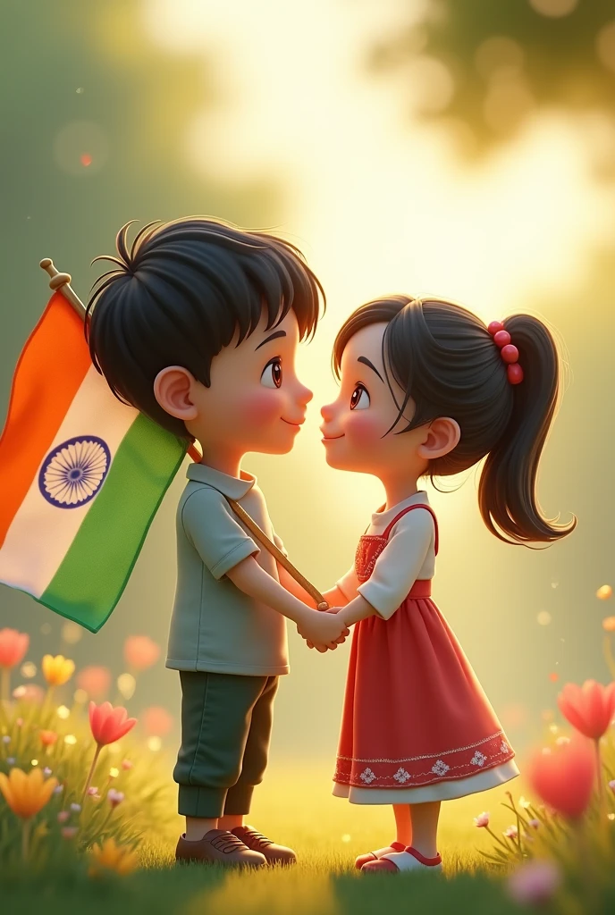 I want an Indian boy and Korean girl love story. He should have Korean flag and Indian flag in his hand. 3D image