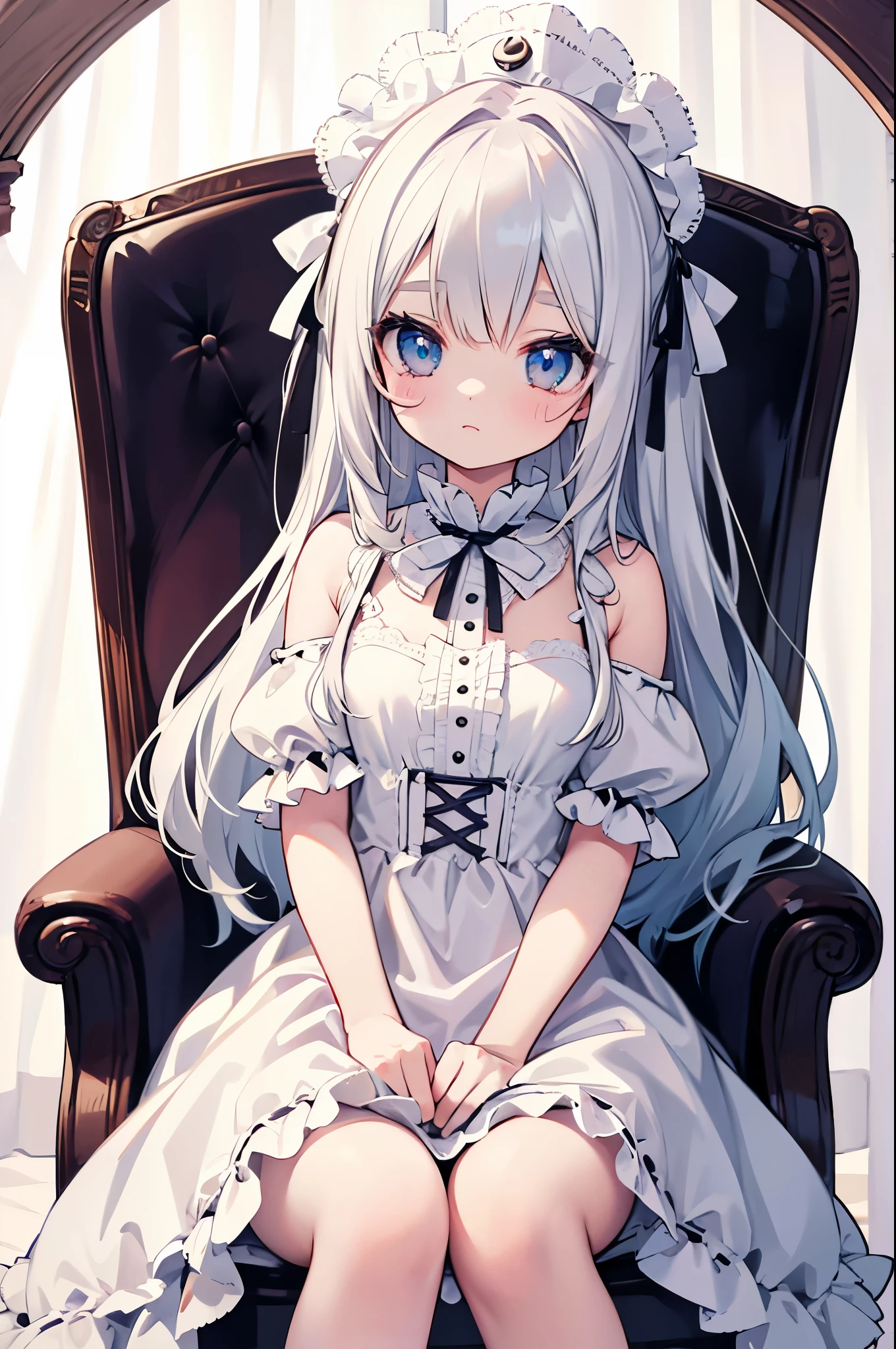 ultra detailed, 4k, high quality, beautiful, cute face, detailed eyes, (cute hypno eyes), araffe dressed in a white dress sitting on a chair with a teddy bear, white monochrome color!!!!!, ta style, dressed in a frilly ((lace)), with long white hair, with white long hair, ivory rococo, dreamy style, white long hair!!, loliashion, frilly outfit, fairycore, # rococo, pale porcelain white skin, an14