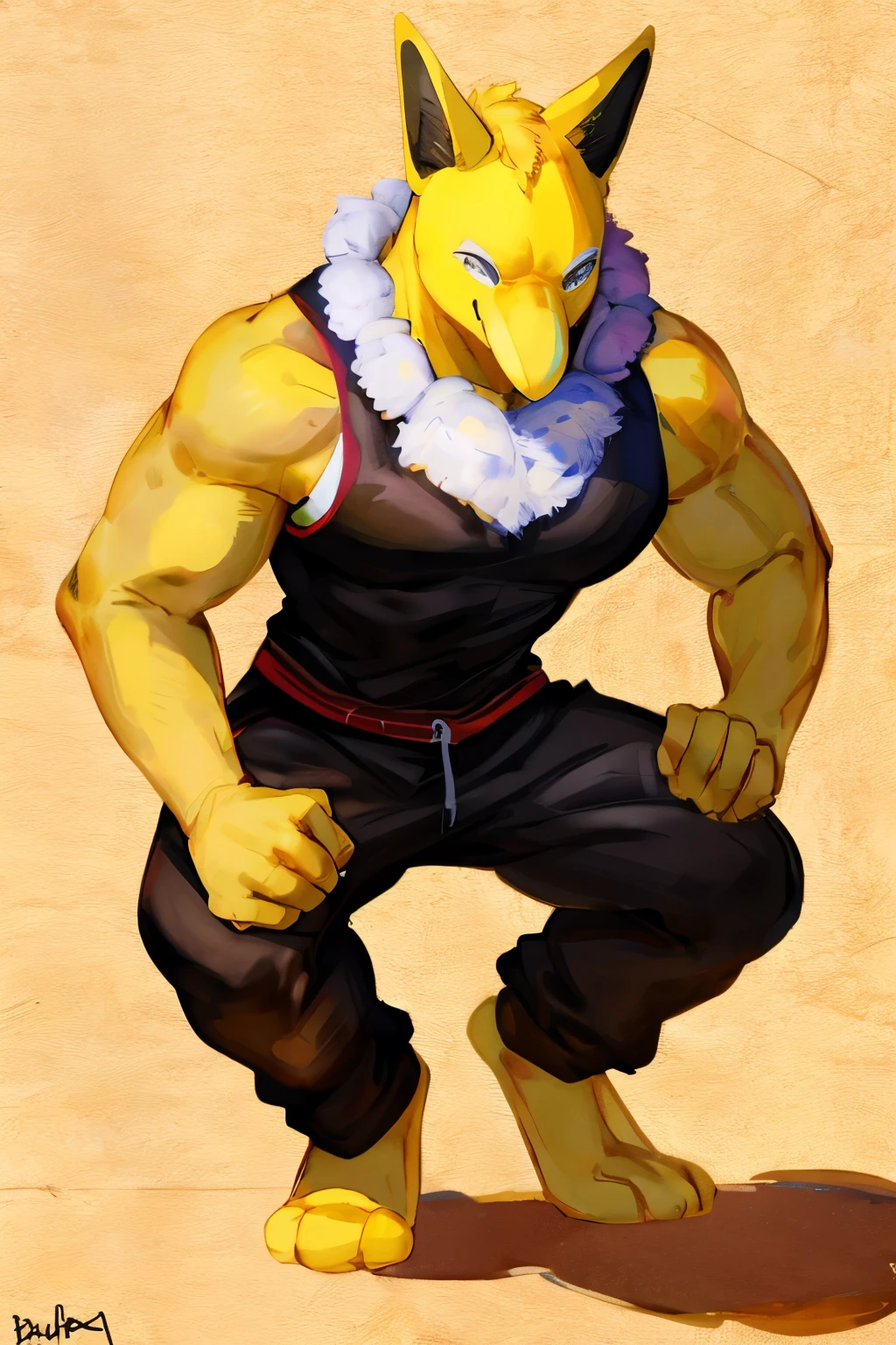 Furry, Anthro, solo, Hypno, Male, (((muscular body, massive male pectorals, yellow-gold skin, fluffy neck, wearing white fur around neck, facing viewer))), ((((massive biceps, wide-eyed, head tilted, crouching)))), ((((((massive bulky torso, jogging, happy, wearing black full male tanktop, wearing black sweatpants, barefoot)))))), full body, black/yellow spraypainted background, by buta99, by zackary911, by bebebebebe, (((digital painting)))