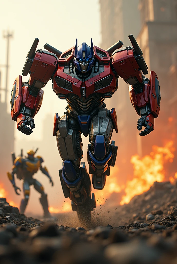 a highly detailed and realistic Optimus Prime robot, extremely dynamic and energetic pose, running and jumping through a war-torn battlefield, firing a bazooka, Bumblebee on his back engaged in an intense battle with Megatron, cinematic tilt-shift photography effect, hyper-detailed, 8k, photorealistic, dramatic lighting, vivid colors, industrial sci-fi, best quality. Very epic. Ashes everywhere. Ember. Michael bay. Travis knight. Hasbro. Takara tomy