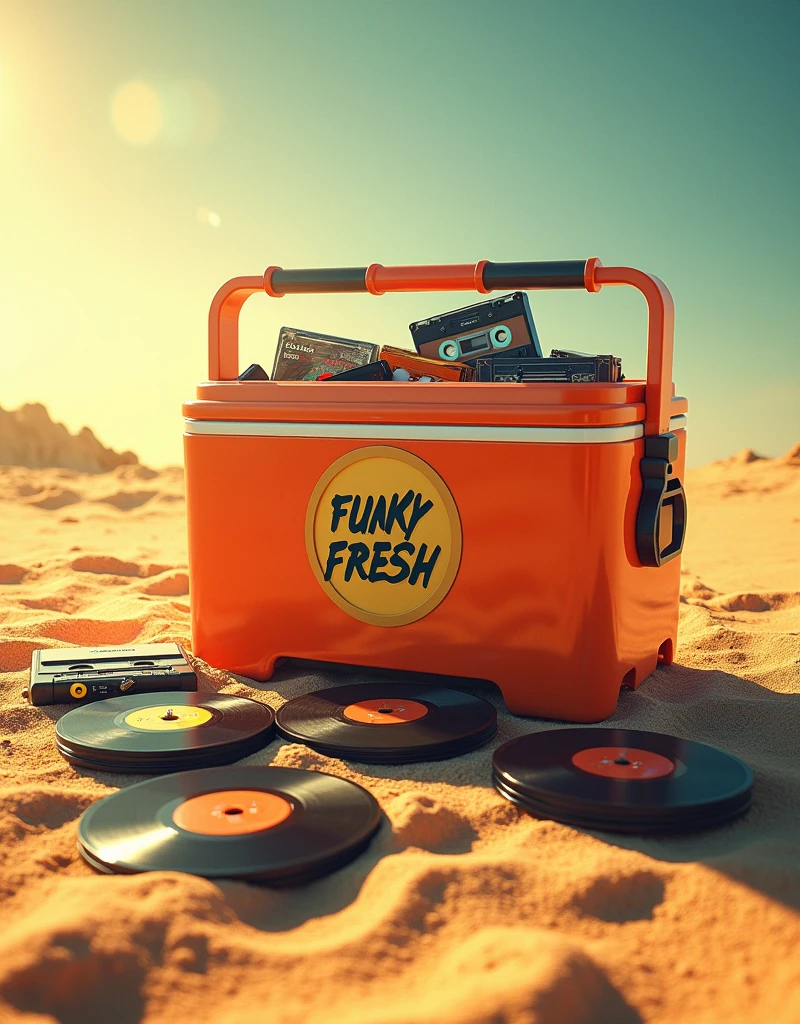 Une glacière de camping style 80's remplit de disques,de k7 et de Cd's et glaçons.Au milieu du sable et soleil . Écrire FUNKY FRESH sur la glacière