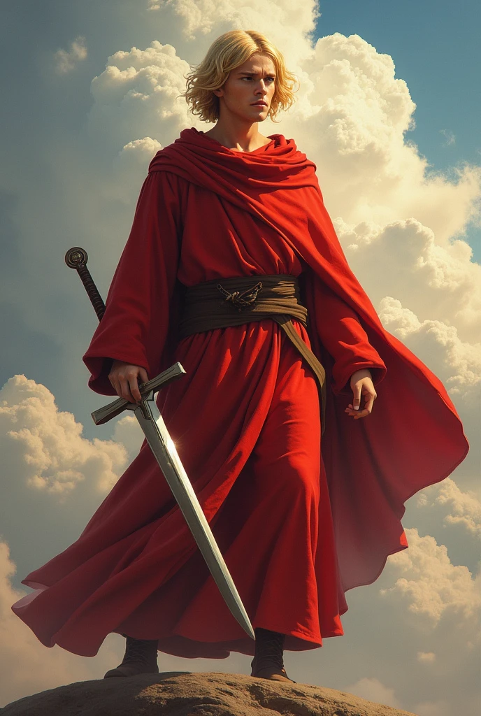 Lord Jesus Christ, blond hair, hairstyle with a middle parting, mushroom cut, short hair, dressed in red with a sharp sword in his hand, looking like a warrior, anger on his face, young appearance, standing on the clouds, Whole body, simplest sword
