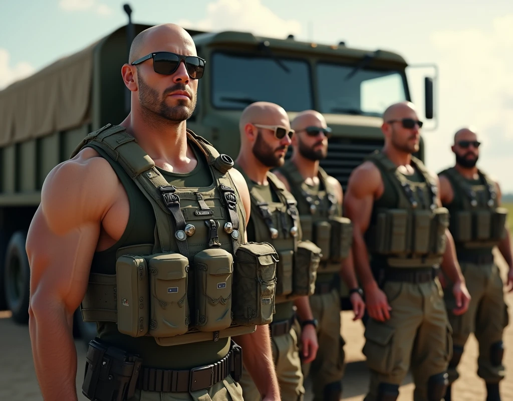 4k ((best quality)), ((masterpiece)), (detailed), hd, realistic face very muscular bald male soldiers full body stand by military truck sunglass,
