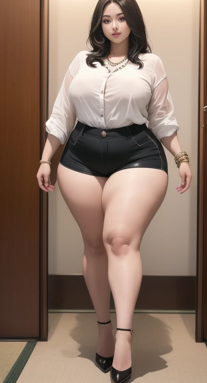 There is a woman taking a picture wearing a white shirt and skin-colored shorts., beautiful Thick female, Tsk tsk tsk, wide hips, Thick thighs, attractive plus size model, Rubenesque, Thick legs, big thighs, plus size women, 가장 wide hips, Thick body, Thick, Attractive hourglass shape, Attractive models, Arabian-Japanese Goddess , Beautiful attractive woman, slightly fat arms , Equip 5 bracelets, Wear 3 diamond necklaces, Wearing high heels