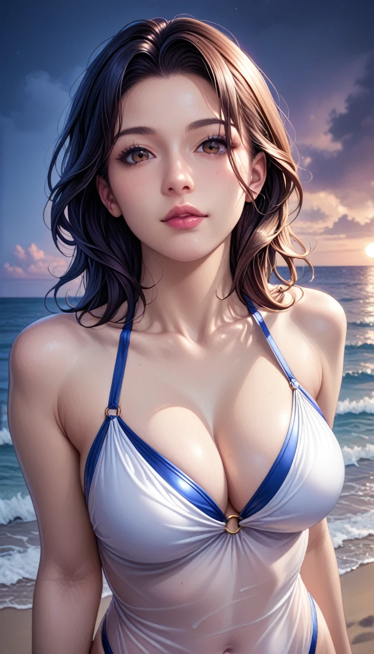 score_9, score_8_superior, score_7_superior, High resolution 3D anime style,A masterpiece in 32K resolution,Highest quality,it is really amazing,Very detailed,Ultra-high resolution,Ultra-realistic,Realistic,Increased depth of field,Cinematic lighting,
(Sexy mature Japan woman:1.2),
(black straight medium hair:1.1),(Ultra-detailed and beautiful face:1.1),(Calm and gentle look:1.1),Beautiful brown eyes,Translucent white skin,Realistic skin texture,Great proportions,
Elegant swimwear,
Summery design,Chic color scheme,Beautiful and delicate decoration,Detailed fabric texture,
(Dark overcast sky on a dull night:1.1),(Dark clouds filling the sky:1),(Thundercloud:1),Coastline at night,Stormy seas,(delay々A desolate sandy beach that continues:1),
(dramatic:1.1),(High angle:1.1),