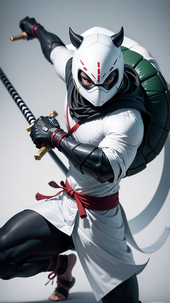 turtle-ninja armed with naginata and wearing white domino-mask