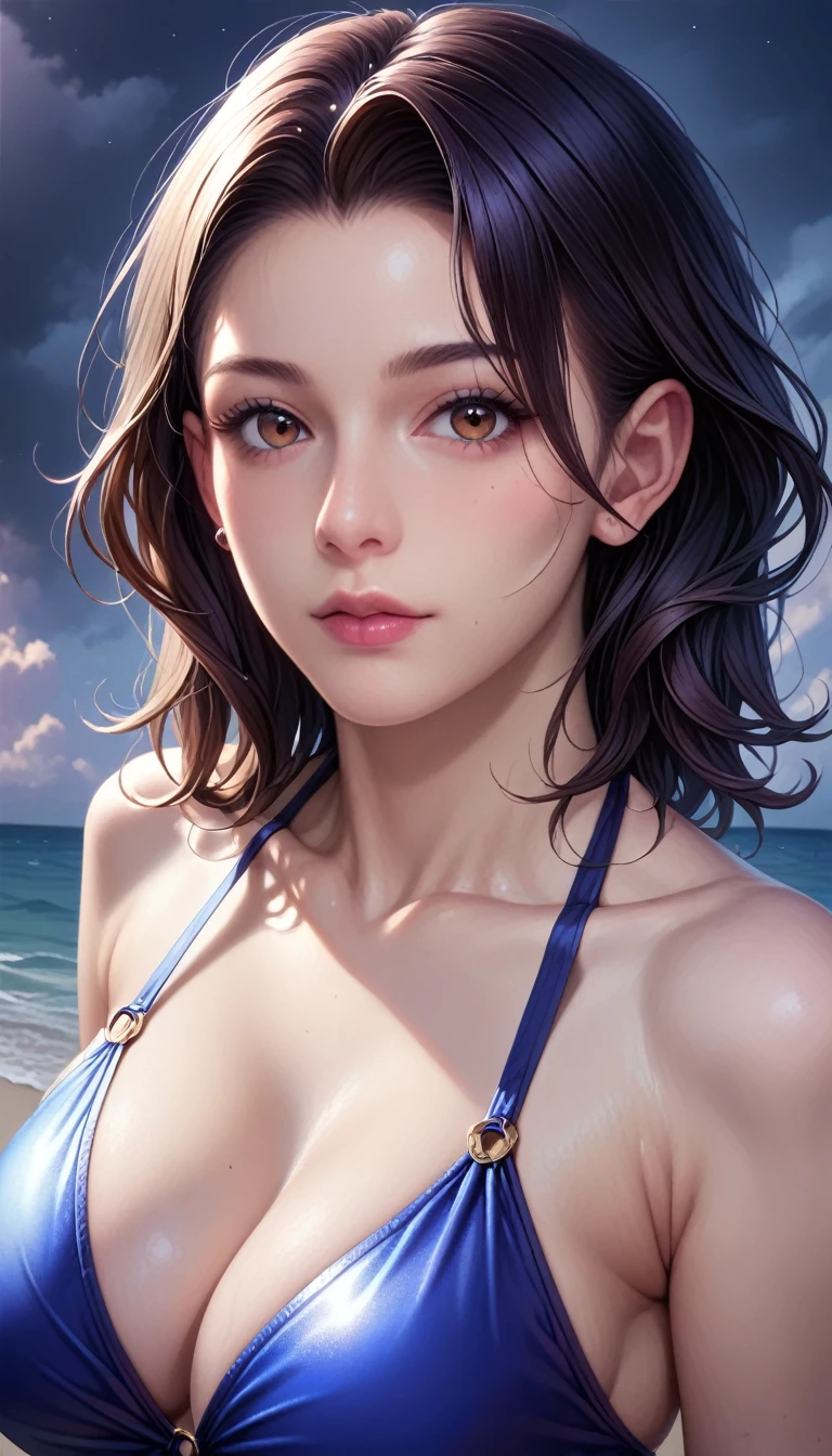 score_9, score_8_superior, score_7_superior, High resolution 3D anime style,A masterpiece in 32K resolution,Highest quality,it is really amazing,Very detailed,Ultra-high resolution,Ultra-realistic,Realistic,Increased depth of field,Cinematic lighting,
(Sexy mature Japan woman:1.2),
(black straight medium hair:1.1),(Ultra-detailed and beautiful face:1.1),(Calm and gentle look:1.1),Beautiful brown eyes,Translucent white skin,Realistic skin texture,Great proportions,
Elegant swimwear,
Summery design,Chic color scheme,Beautiful and delicate decoration,Detailed fabric texture,
(Dark overcast sky on a dull night:1.1),(Dark clouds filling the sky:1),(Thundercloud:1),Coastline at night,Stormy seas,(delay々A desolate sandy beach that continues:1),
(dramatic:1.1),(High angle:1.1),