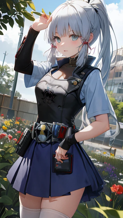 (tsuuhaiken),masterpiece,best quality,highres,ultra-detailed,aanyaruko,long hair,(silver hair),ahoge,shirt,white shirt,checkered clothes,short sleeves,transformation belt,black apron,skirt,checkered skirt,zettai ryouiki,(white thighhighs:1.2),high heels,outdoors,garden,black lace-trimmed panties, (cowboy shot:1.3),standing,open stance,(Kamen Rider's Transformation Pose:1.3)