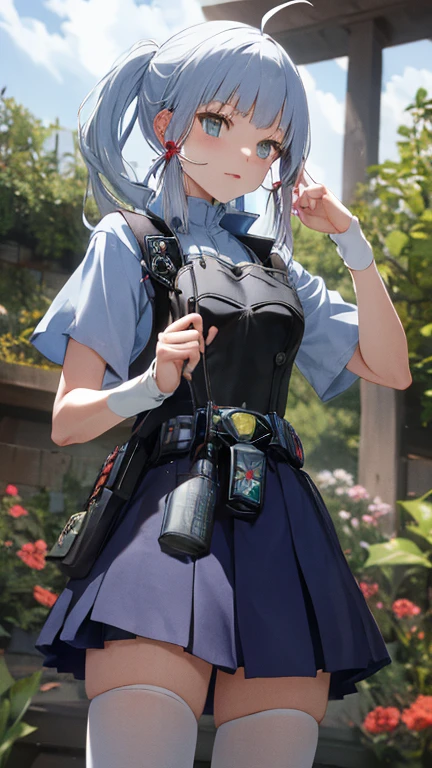(tsuuhaiken),masterpiece,best quality,highres,ultra-detailed,aanyaruko,long hair,(silver hair),ahoge,shirt,white shirt,checkered clothes,short sleeves,transformation belt,black apron,skirt,checkered skirt,zettai ryouiki,(white thighhighs:1.2),high heels,outdoors,garden,black lace-trimmed panties, (cowboy shot:1.3),standing,open stance,(Kamen Rider's Transformation Pose:1.3)