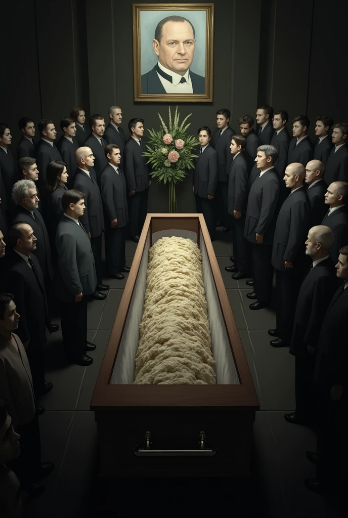 funeral, there are people , atud and above the coffin a portrait